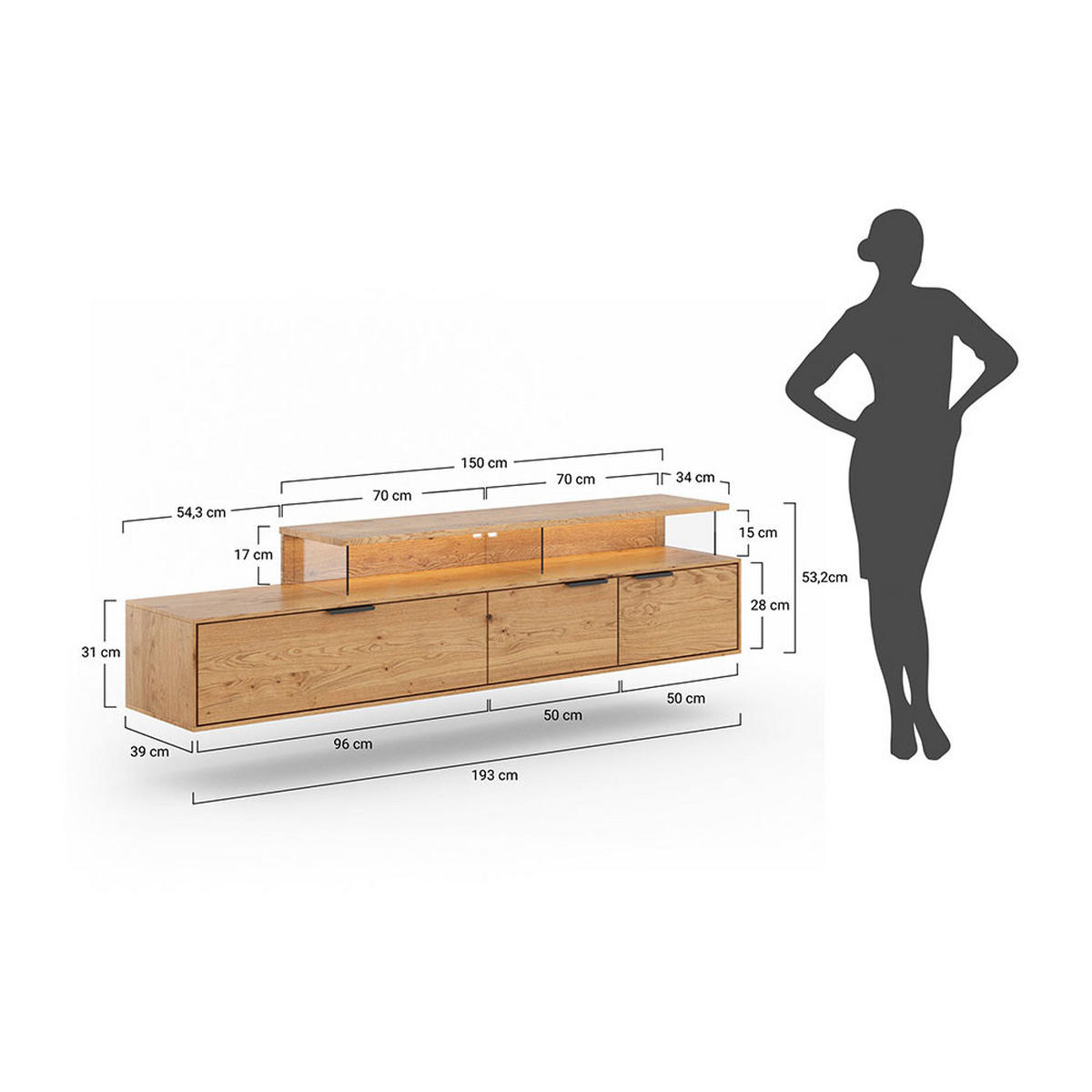 LOWBOARD Tirano Eiche Natur 200 / 39 / 52cm - Eichefarben/Schwarz, Holz (200/52/39cm) - Feldmann-Wohnen