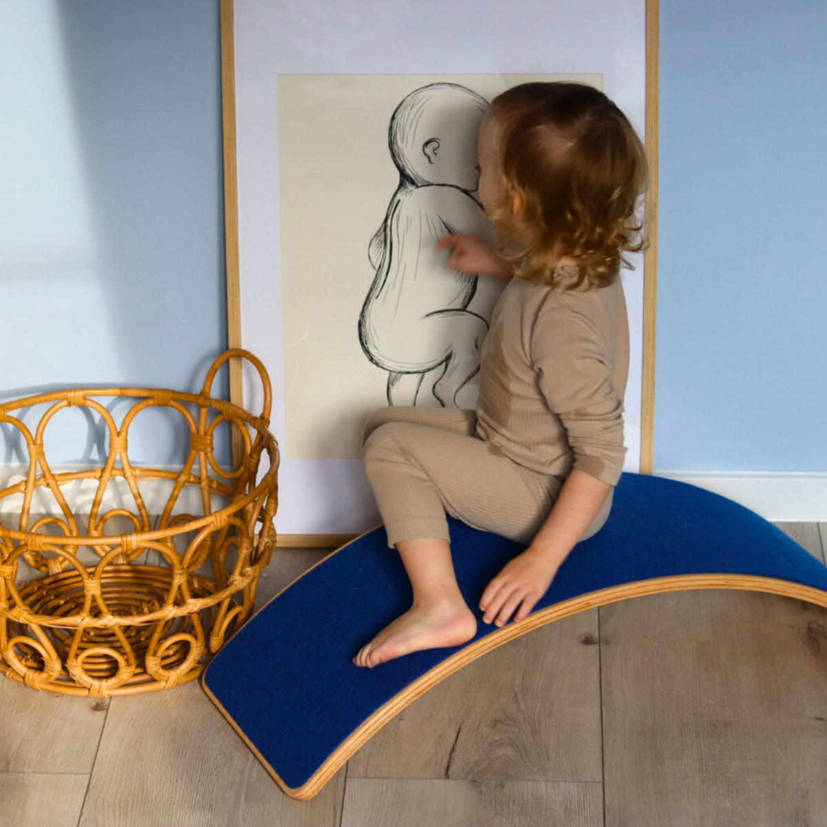 BALANCIERBRETT mit Filz für Kinder 80x30cm, Natur Balance Board, Blau - Blau, Holz (30/18/80cm) - MeowBaby