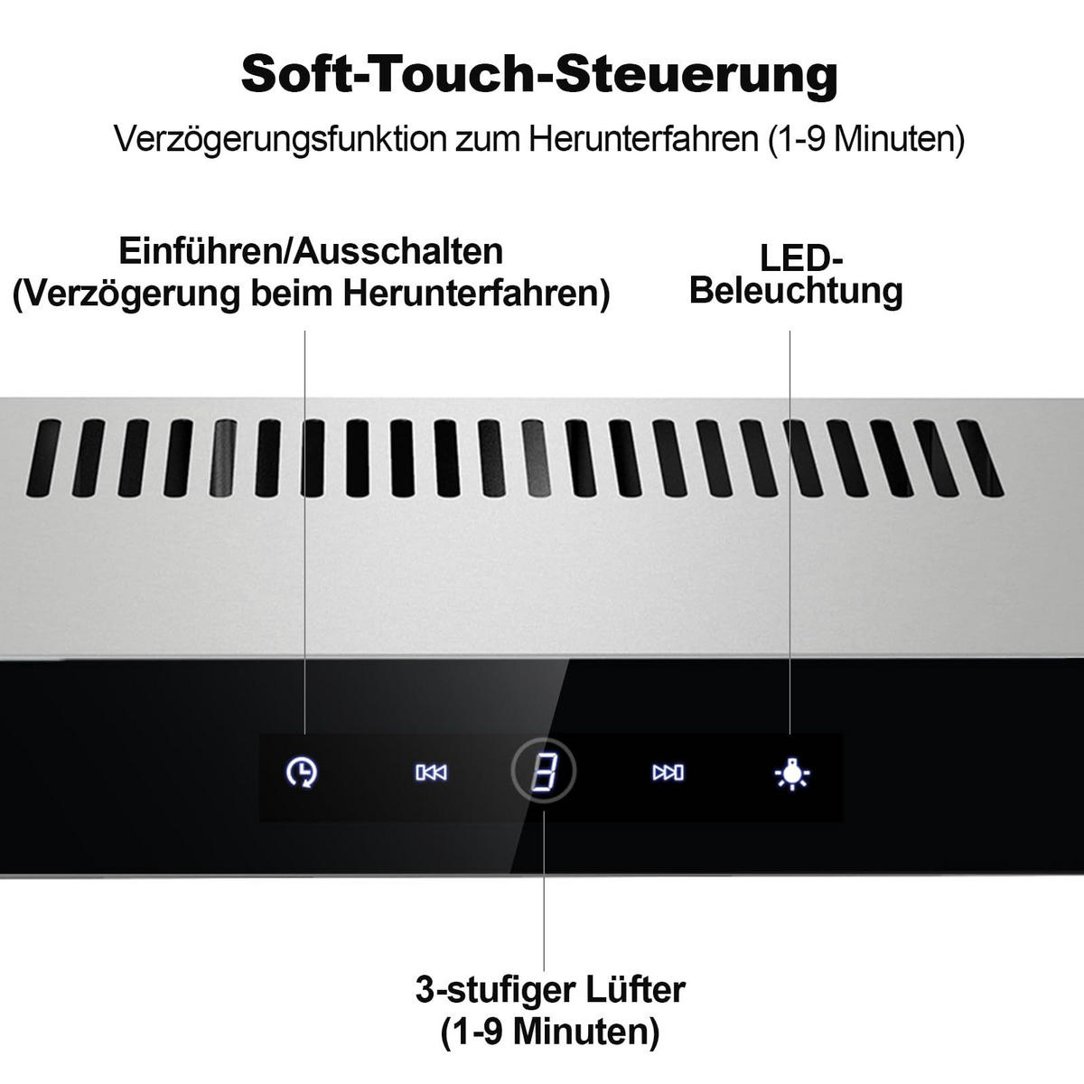 DUNSTABZUGSHAUBE Edelstahl mit Touch-Bedienung, Aktivkohlefilter, Filter - Schwarz, Metall (14.5/53/63.01cm) - Korfee
