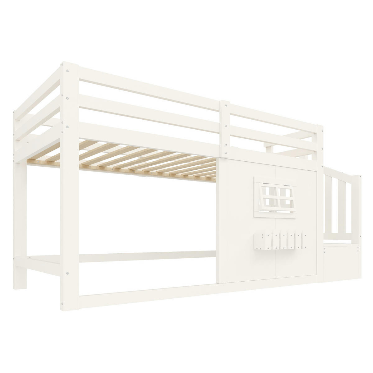 HOCHBETT 90/200 cm mit LED und Stauraumtreppe, DE-42010, in Weiß - Weiß, Holzwerkstoff (90/200cm) - ComfortXL
