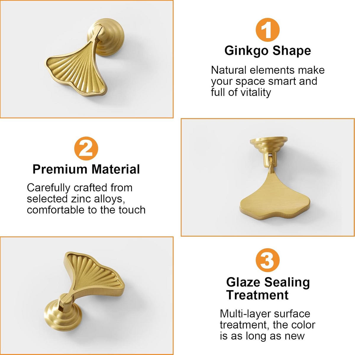 SCHRANKKNOPF Gold Ginkgo 6er-Set - Goldfarben, Metall (5/2/5.7cm)
