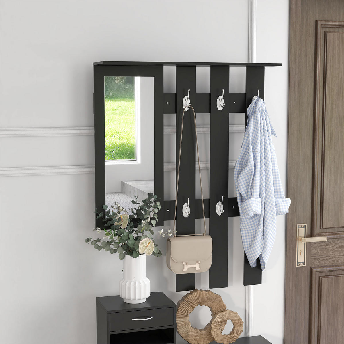GARDEROBE DE-16743 3-in-1 mit Spiegel & Schuhbank Schwarz - Schwarz, Holzwerkstoff (10/91/90cm) - ComfortXL