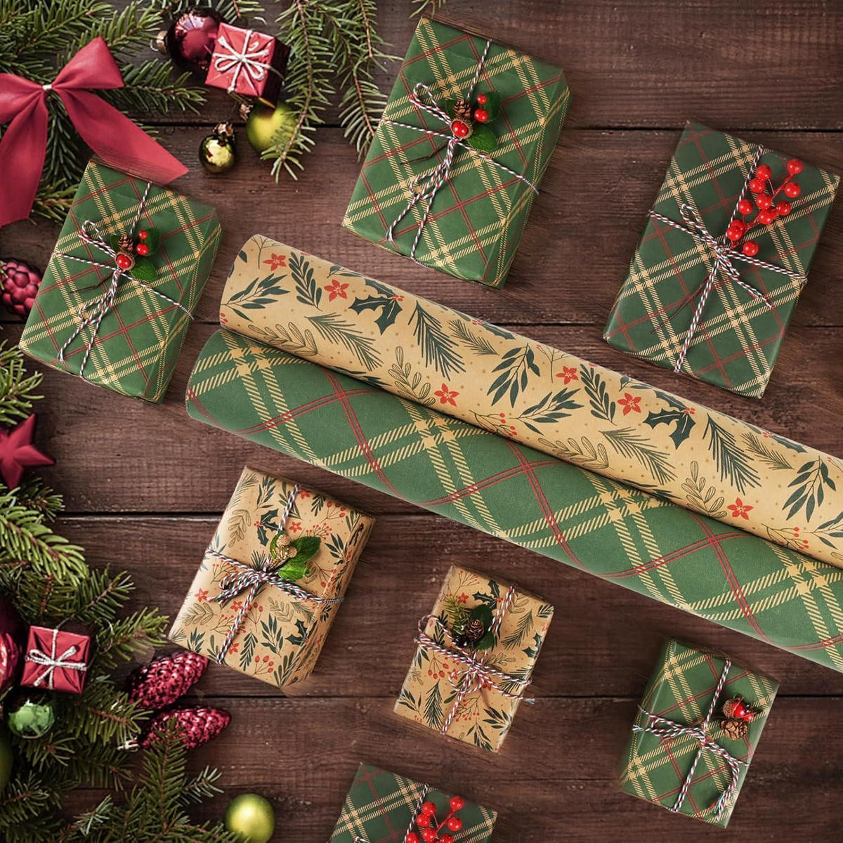 GESCHENKPAPIER 2-teiliges Set 43 cm x 15 m Kraft Vintage Weihnachten - Multicolor, Papier (8/4/43cm)