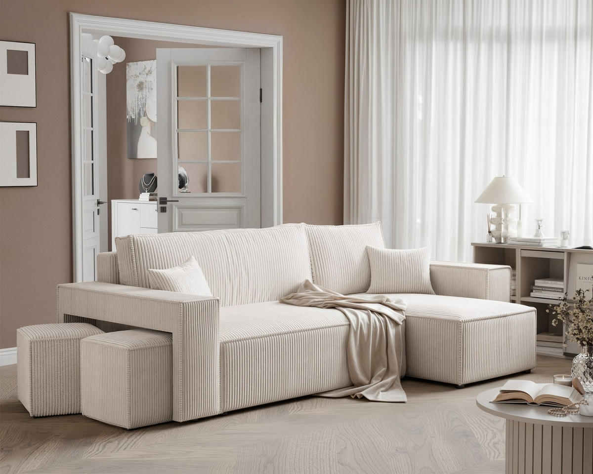 ECKSOFA Adara Inkl. Hocker - Weiß, Holzwerkstoff/Textil (145/262cm) - Fun Möbel