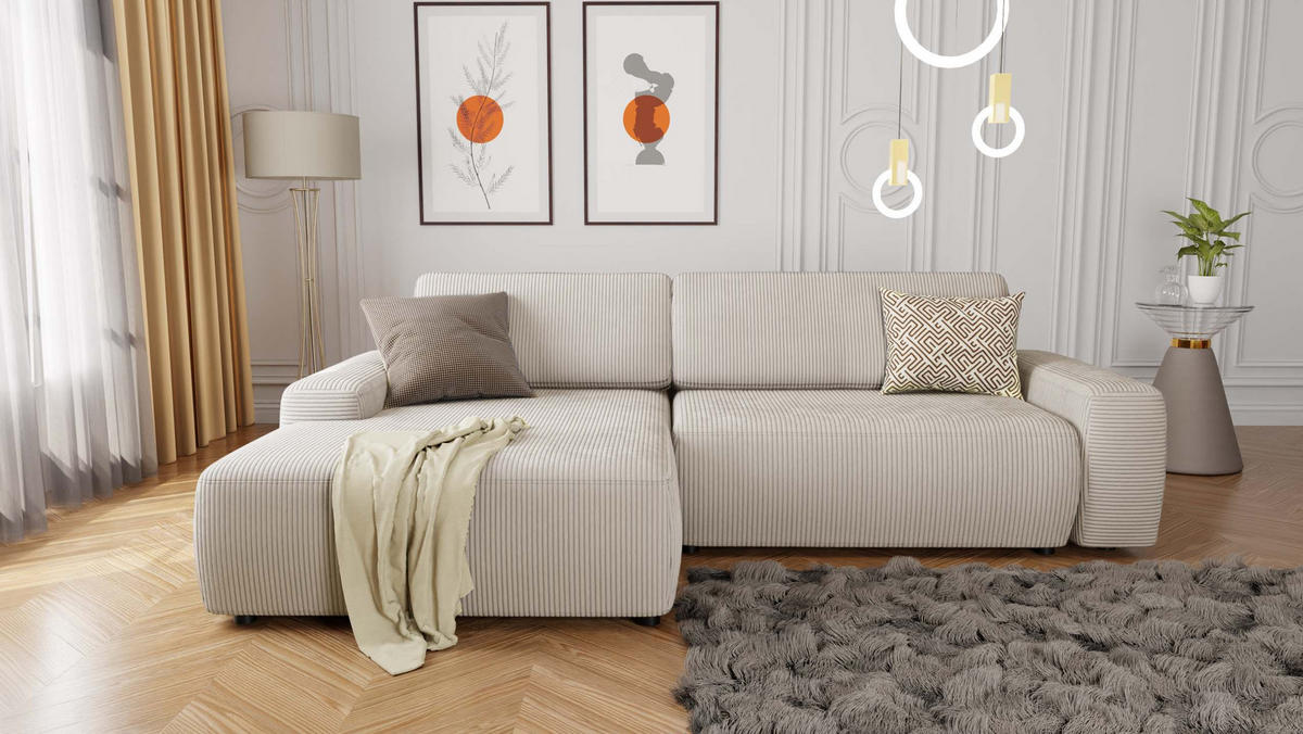 ECKSOFA Nancy Beige Cord - Beige/Schwarz, Holz/Kunststoff (264/162cm) - S-Style Möbel