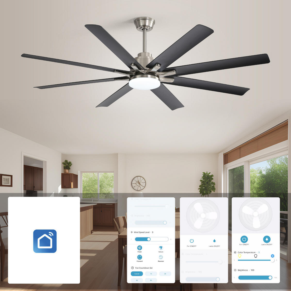 DECKENVENTILATOR DE-16312 66 Zoll Smart 8 Flügel & reversibel - Schwarz, Kunststoff (167.64/167.64/35.56cm) - ComfortXL