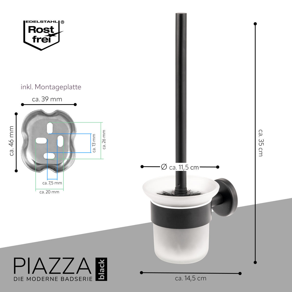 WC-GARNITUR PIAZZA BLACK, schwarz, inkl. Klebeset - Schwarz, Metall (11.5/35/14.5cm) - bremermann