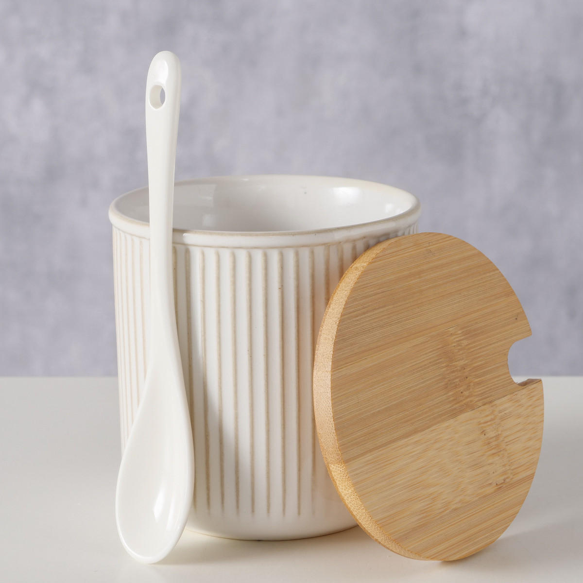 GLAS mit Deckel und Löffel Jonah 10,5 cm - Weiß, Keramik (300L) - Boltze Home