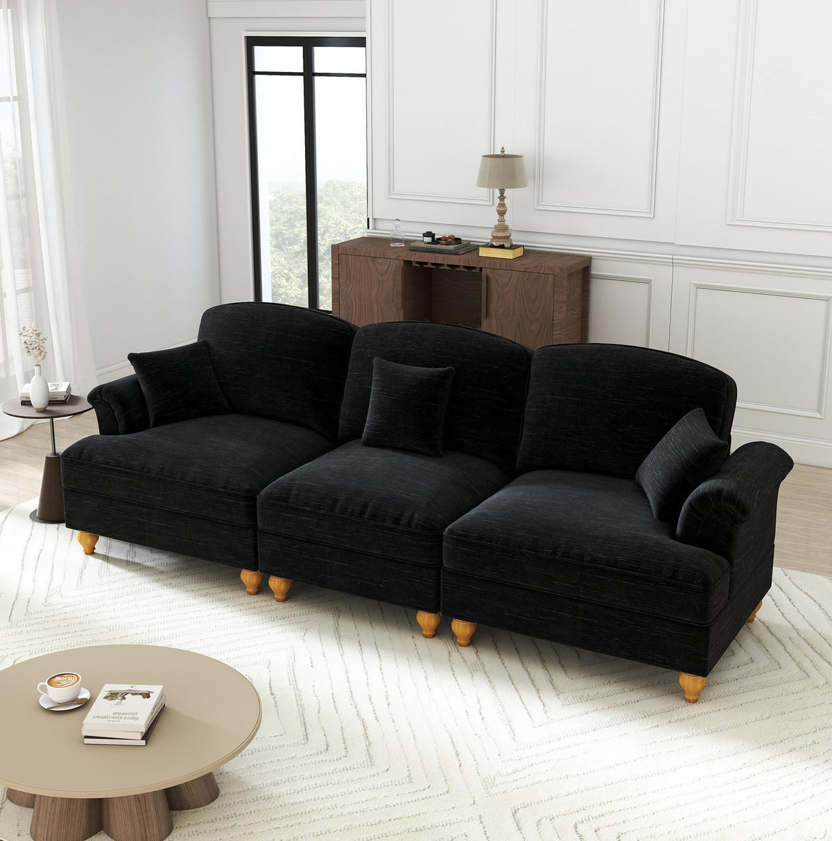 3-SITZER aus Chenille in Schwarz mit abnehmbarem Rüschenrock & 2 Looks - Schwarz, Textil (83.5/93/272cm) - Modfu