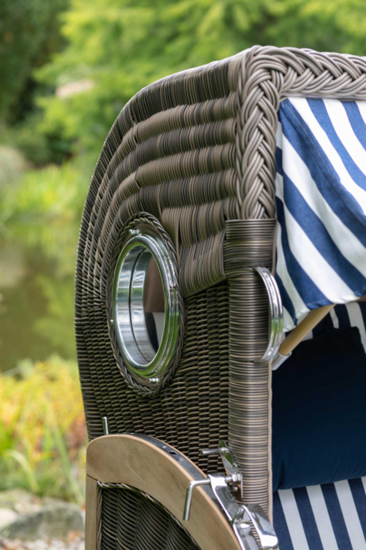 STRANDKORB Düne Grande Bullauge Teak PE Grey Dessin 593 - Blau/Braun, Metall (142/170/95cm) - Mr. Deko