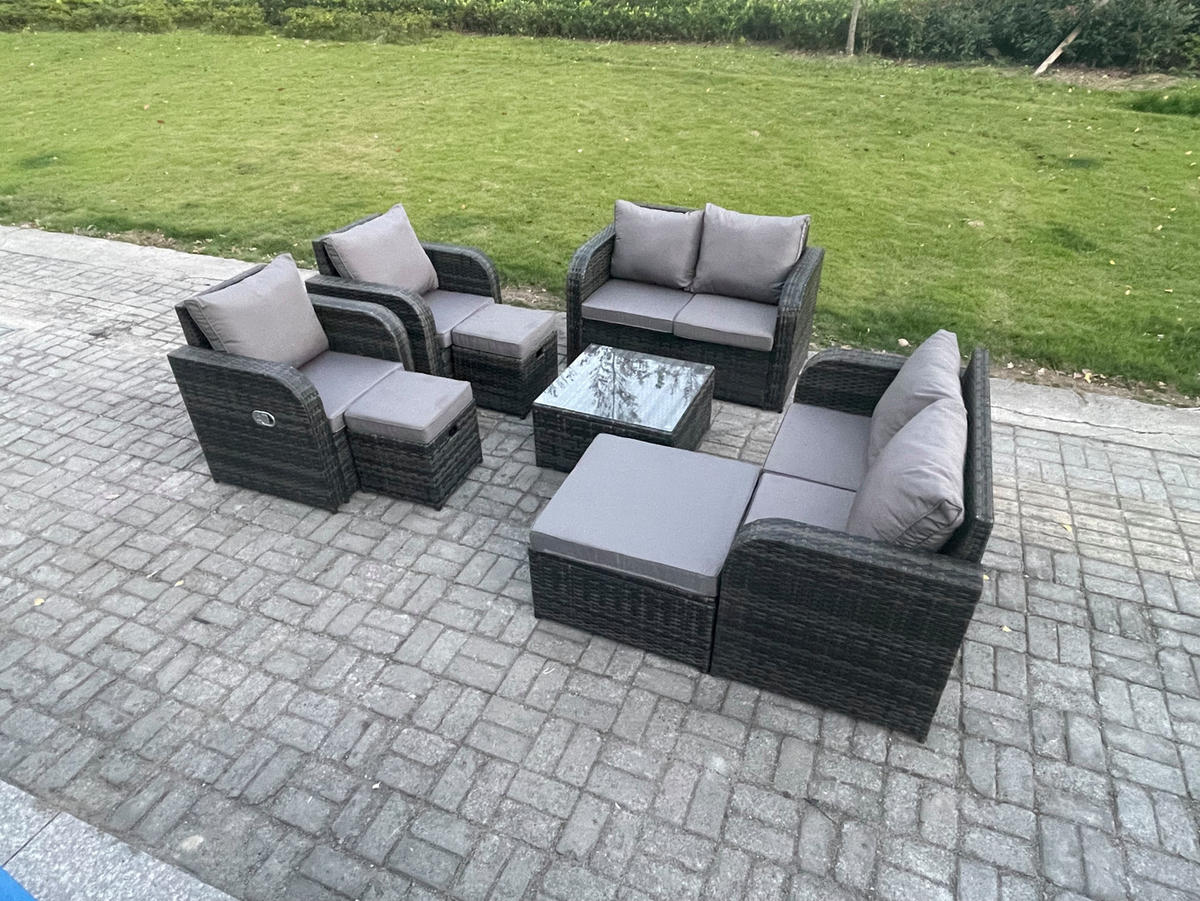 GARTENMÖBELGARNITUR Polyrattan Dunkelgrau 9-Sitzer - Dunkelgrau, Metall - Fimous