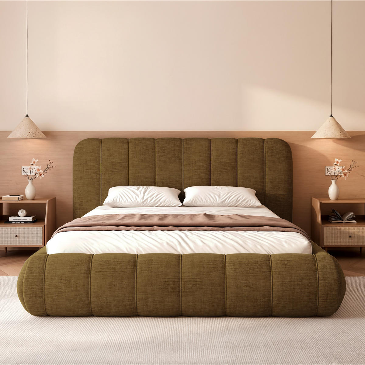 POLSTERBETT Gallo 160x200 cm Olivgrün Chenille – (Doppelbett mit Bettkasten, Lattenrost, voluminöses Kopfteil) - Olivgrün, Holz/Holzwerkstoff (160/200cm) - Ravio