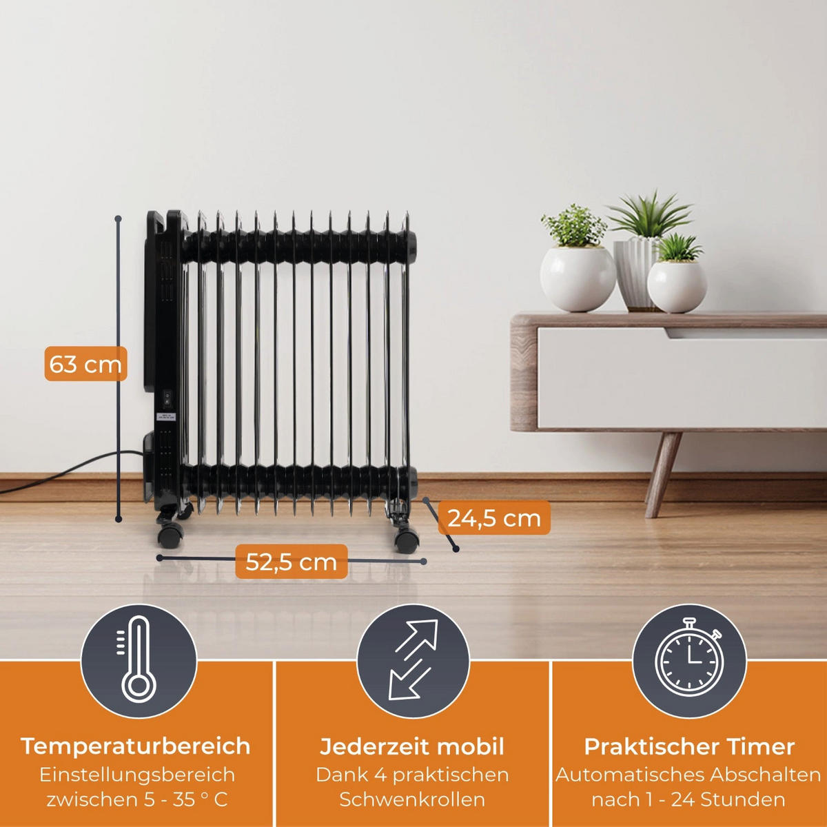 ÖLRADIATOR Schwarz Mobile Elektroheizung - Schwarz, Metall (25/63/52cm) - KLAMER