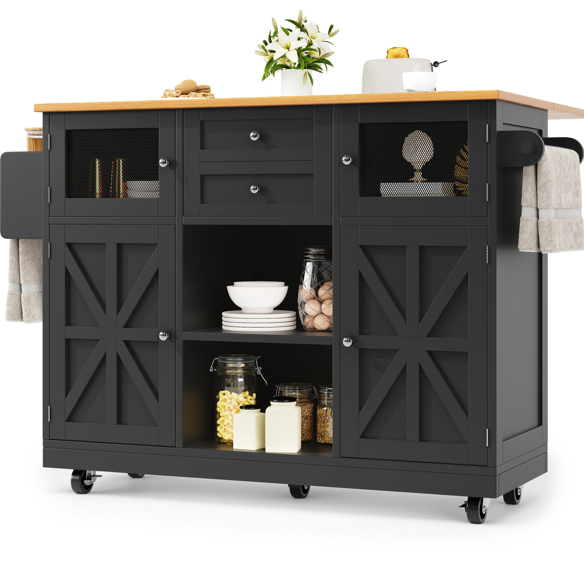 Modfu KUCHYŇSKÝ vozík z MDF a kovu 140x40x93,5 cm černý se sklopnou deskou, kolečky, držákem na ručníky a úložným prostorem