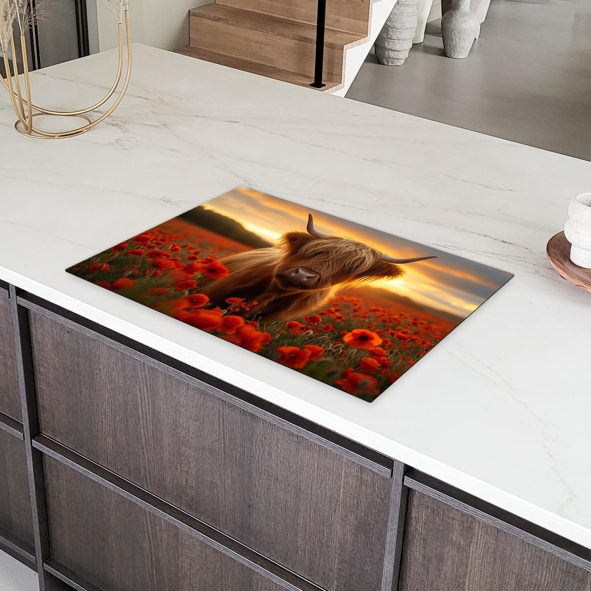 HERDABDECKPLATTE Schottische Highlander - Rosen - Blumenfeld - Sonnenuntergang Ceranfeldabdeckung 76x51.5 cm - Rotbraun, Kunststoff (76/51.5/0.2cm) - MuchoWow