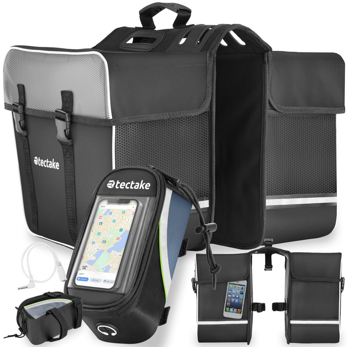 FAHRRADTASCHE Georg mit Fahrradrahmentasche, wasserabweisend und robust, schwarz/grün - Schwarz/Grün, Textil (8.5/8.5/18cm) - tectake