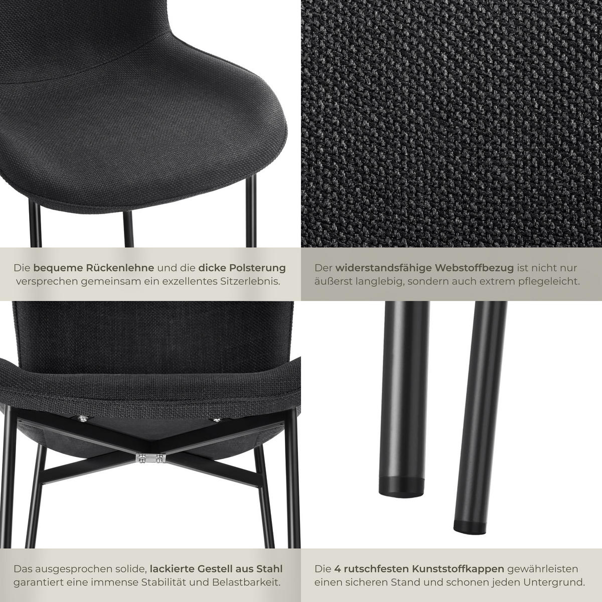POLSTERSTUHL 4er Set Tessa 54 x 62 x 90 cm Webstoff schwarz/schwarz - Schwarz, Textil (54/90/62cm) - tectake