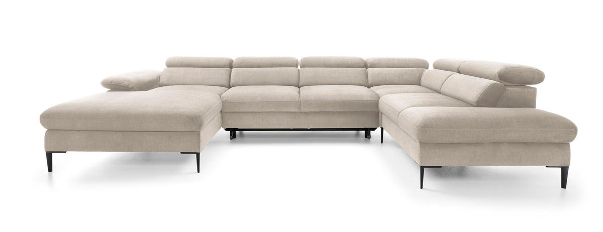 WOHNLANDSCHAFT MESTO Creme Velours-Stoff mit Schlaffunktion - Creme, Holz (353/94/182cm) - MASSENO