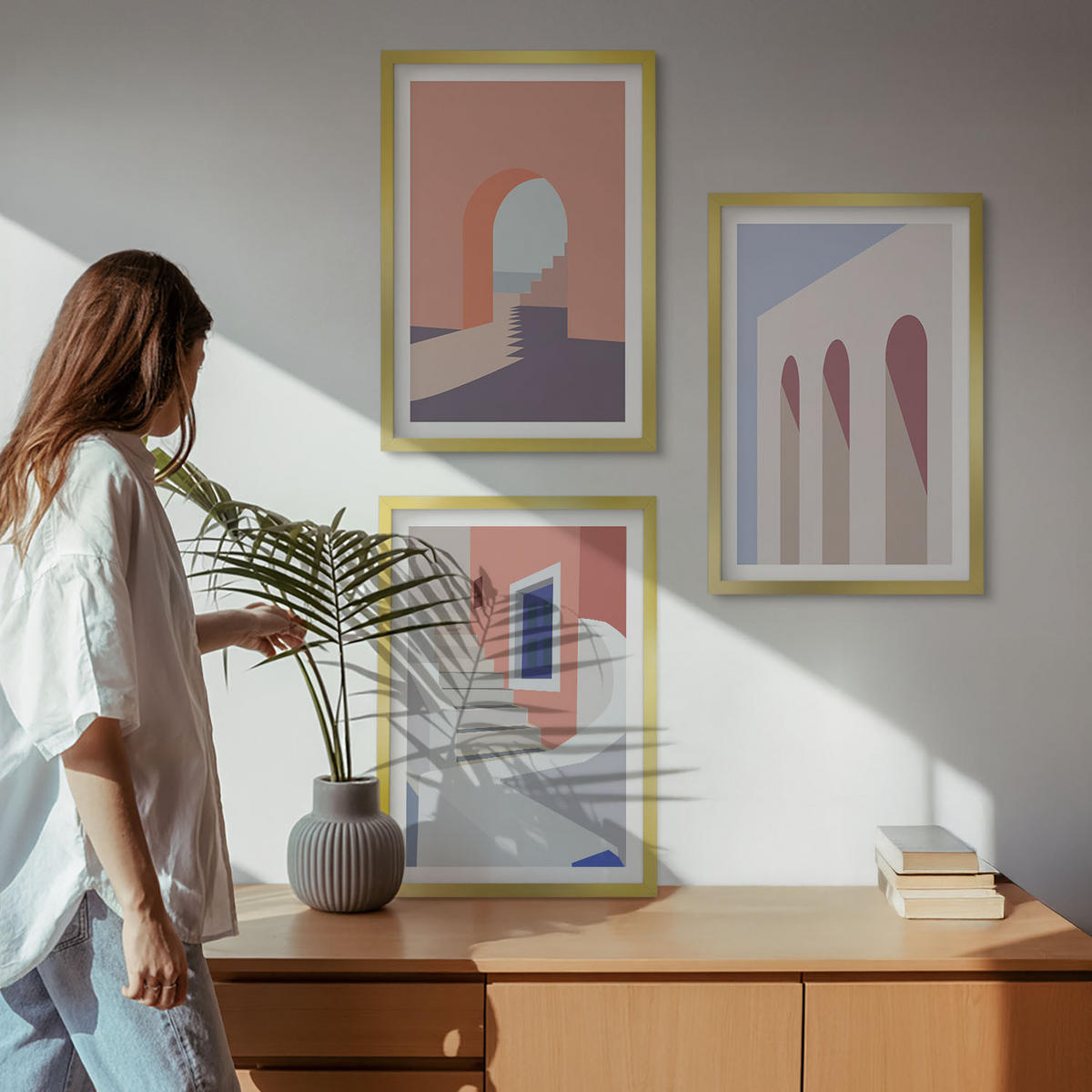 WANDBILDER 3er Set - 40x60 cm Goldrahmen - Minimalistische Architekturillustrationen - Goldfarben, Kunststoff (40/60cm) - ArtPrintCave