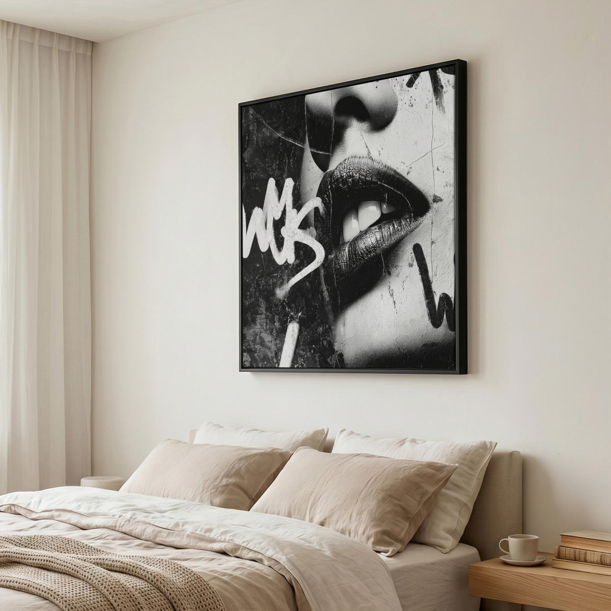LEINWAND Bilder mit Rahmen - Gesicht - Mund - Graffiti - Schwarz - 90x90 - Schwarz, Textil (90/90cm) - MuchoWow