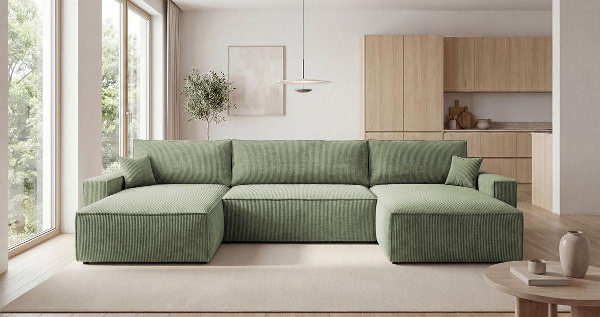 SEDACÍ souprava VIENNA tvar U světle zelená manšestr Poso 47 - funkce spaní, úložný prostor - světle zelená, textil (385/86/185cm) - Cornero