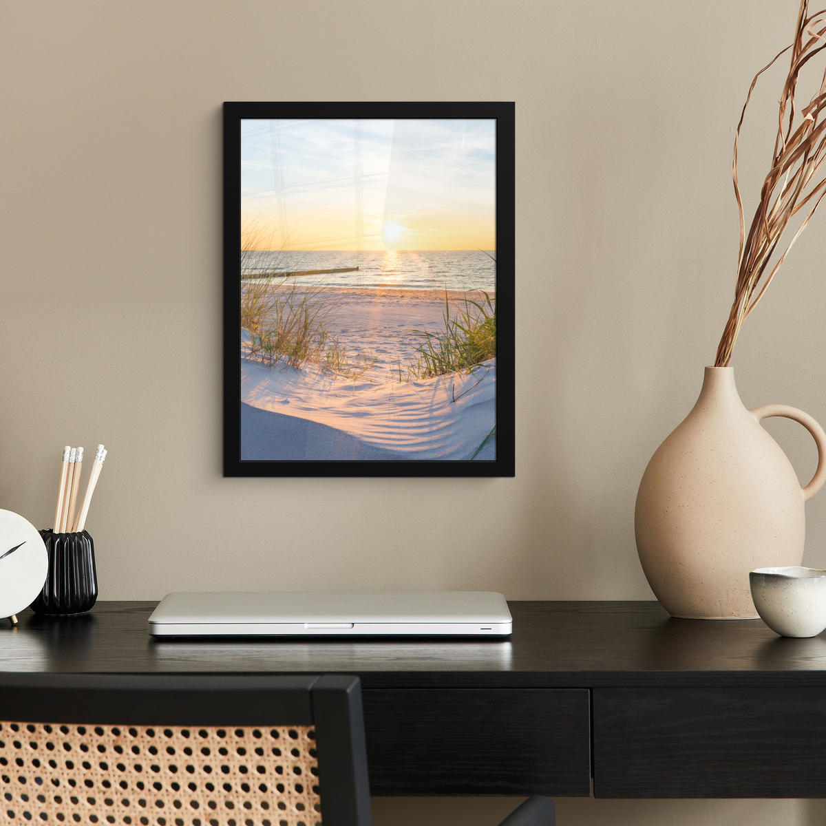 GERAHMTES BILD Strand - Sonne - Düne - Gras - Sand - Horizont 30x40 cm - Hellblau, Papier (30/40cm) - MuchoWow