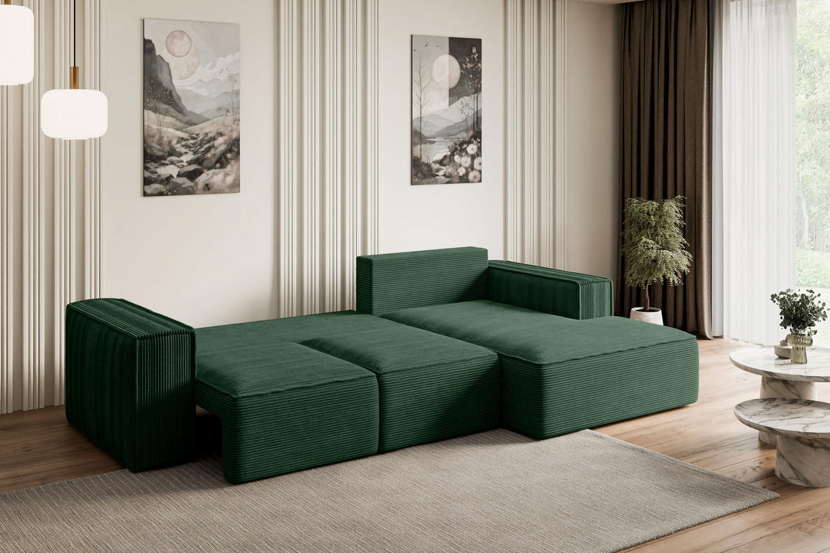 ECKSOFA mit Schlaffunktion und Bettkasten SERRA-L-S - 266x161x87 cm Grün Cord - Schwarz/Grün, Holzwerkstoff/Kunststoff (266/161cm) - ALTDECOR