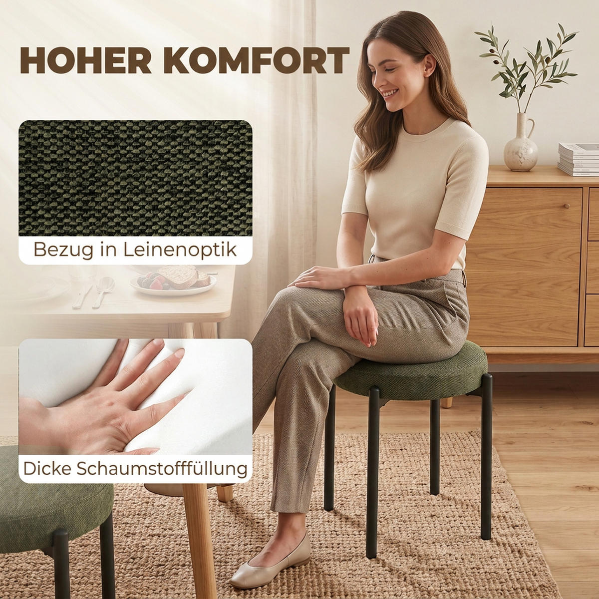 HOCKER 4er Set Polyester Dunkelgrün - Dunkelgrün, Textil/Metall (45/47.5/45cm) - HOMCOM