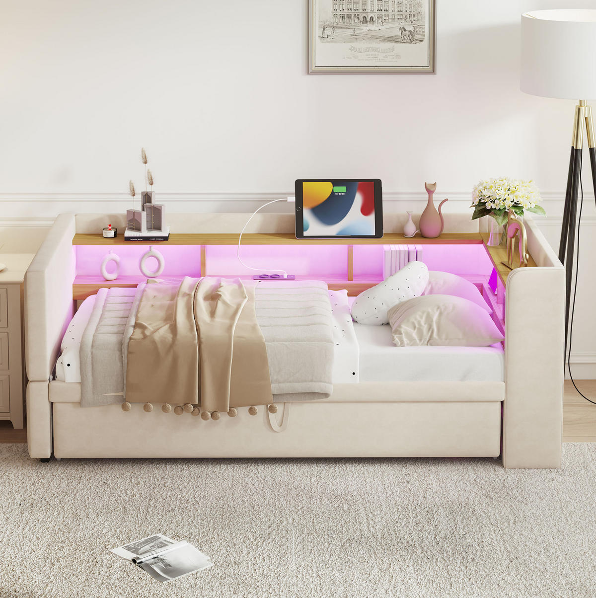 TAPECIRANI krevet na razvlačenje 90/180x190 cm bež od flanela s LED rasvjetom i utičnicama - bež, tekstil (90/190cm) - OKWISH