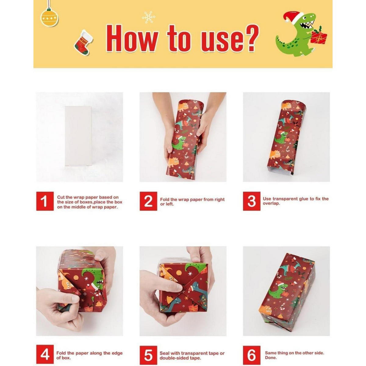 GESCHENKPAPIER 3 Rollen Set Dinosaurier Weihnachten 43 cm x 3 m - Multicolor, Papier (76/3.5/10cm)