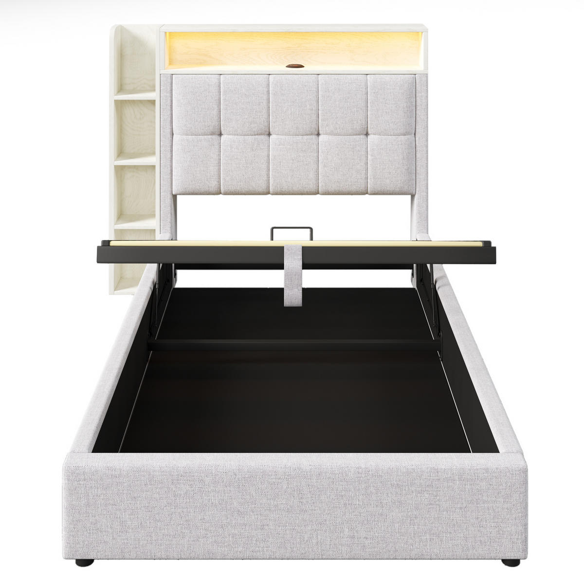 STAURAUMBETT 90/200 cm DE-04874, mit LED, USB+Typ-C und Hydraulik in Beige - Beige, Holzwerkstoff/Metall (90/200cm) - ComfortXL