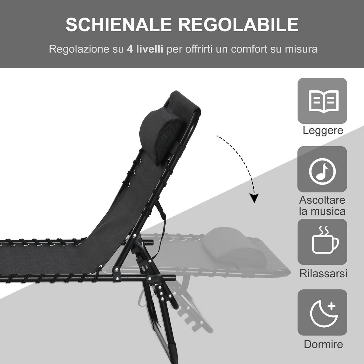 SONNENLIEGE Sonnenliege aus Stahl und atmungsaktivem Stoff mit verstellbarer Rückenlehne 189 x 58 x 30 cm ,Schwarz - Schwarz, Metall (58/30/189cm) - Vallsero