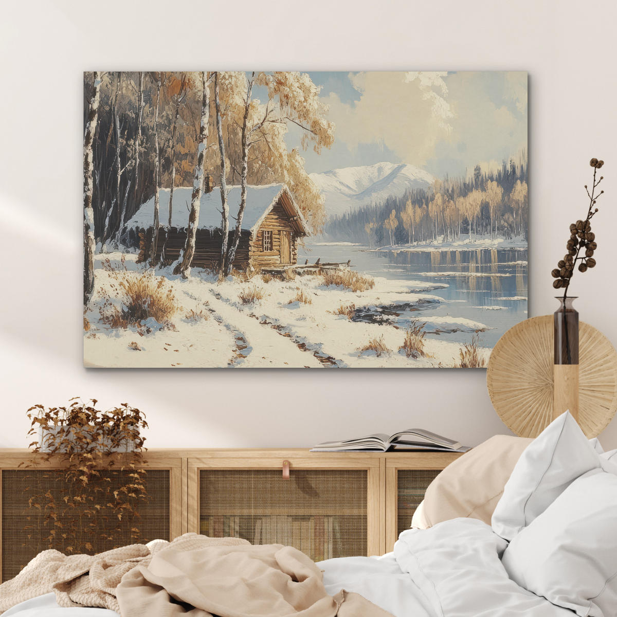 AKUSTIKBILD Winter - Schnee - Zuhause - Natur Akustikpaneele 90x60 cm - Hellbraun, Kunststoff (90/60/0.9cm) - MuchoWow