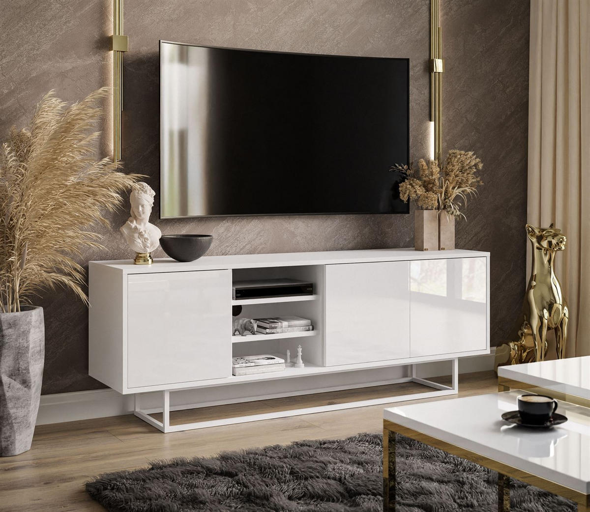 TV-ELEMENT SANAYI auf weißem Gestell mit Regalen Hochglanz Weiß - Weiß Hochglanz/Weiß, Holzwerkstoff (156/57/38cm) - Lookway