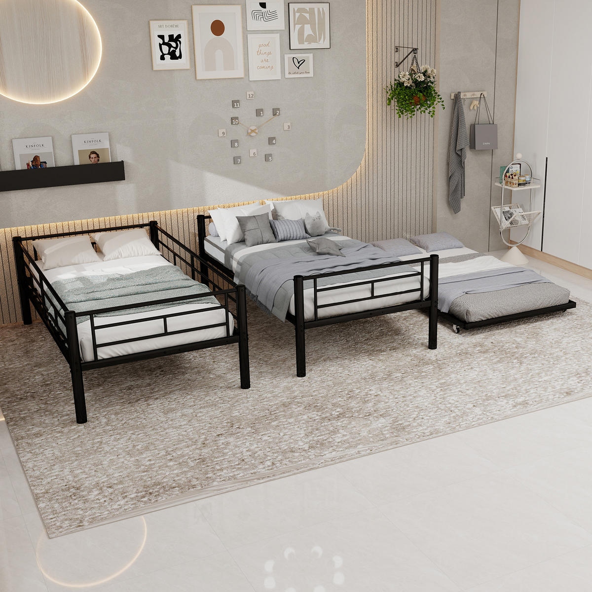 ETAGENBETT teilbar 90x190 cm Metall Schwarz 2 Schlafplätze - Schwarz, Holz (90/190cm) - Meubliv