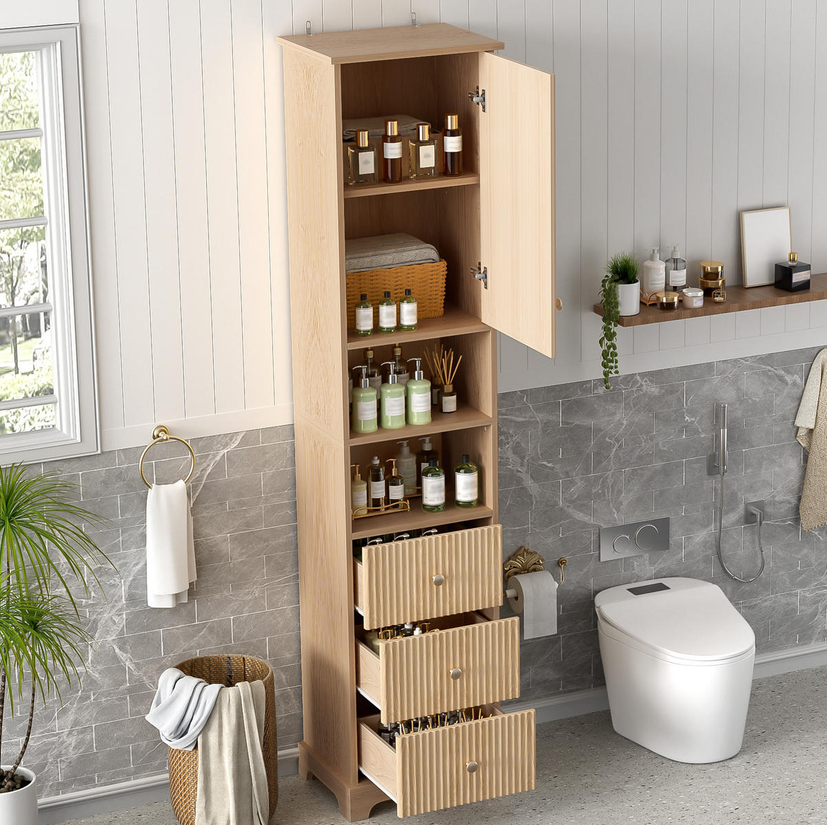 HOCHSCHRANK 40/30/172 cm aus MDF mit 3 Schubladen und verstellbarem Einlegeboden Natur - Naturfarben, Holzwerkstoff (40/172/30cm) - Modenvie