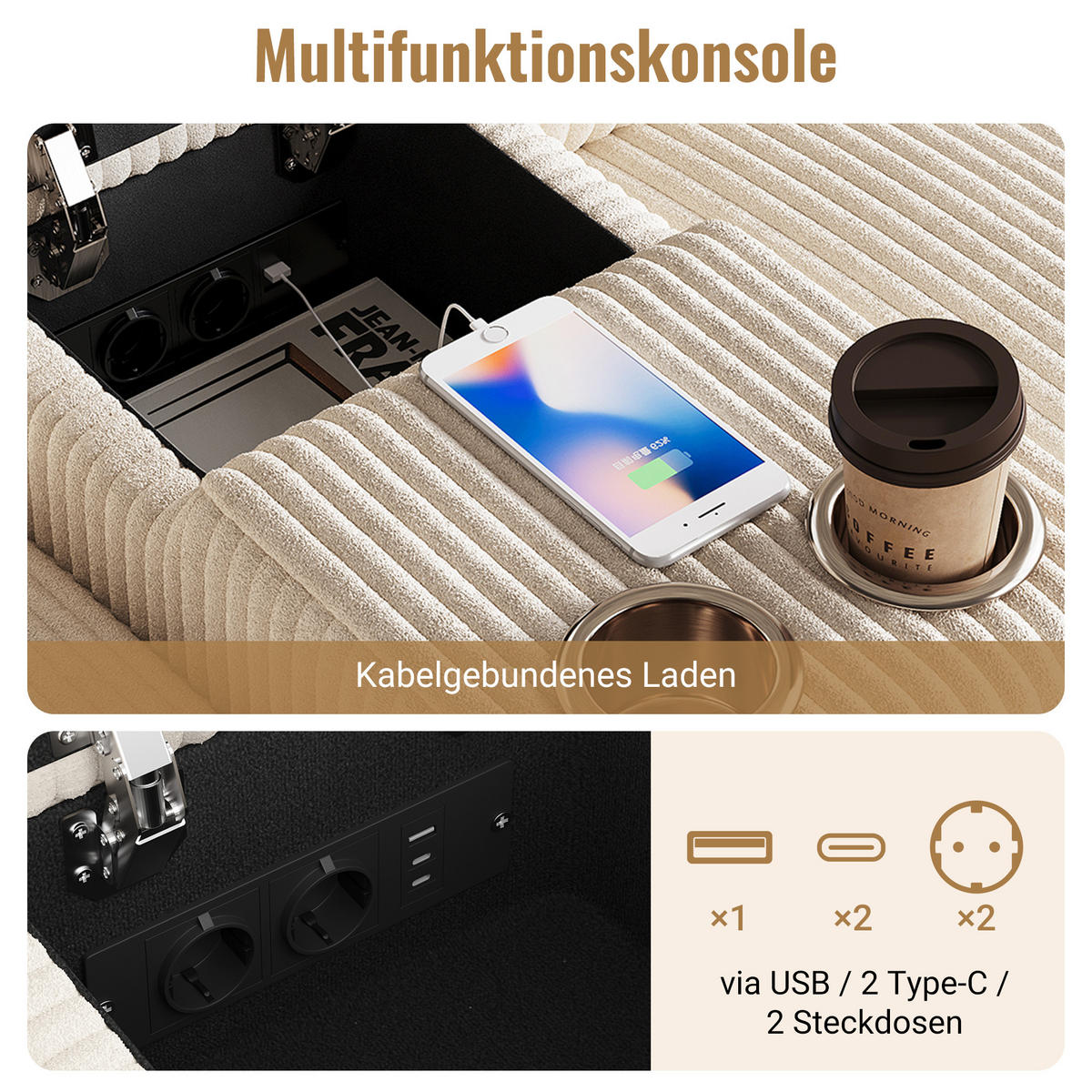 ECKSOFA 315/135/81 cm Beige mit 2 Fußhocker mit Stauraum und 1 Couchtisch - Beige, Textil (315/135cm) - Oxeza