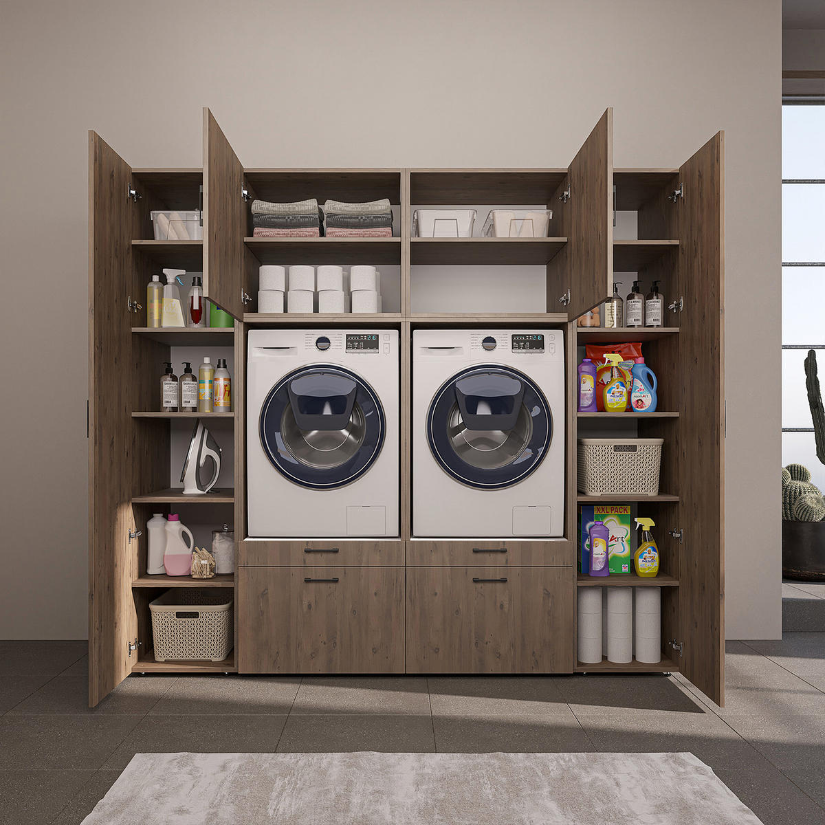 WASCHMASCHINENSCHRANK Serie 2 224cm Breit, 205cm Hoch - Eichefarben, Holzwerkstoff (224/205/67cm)