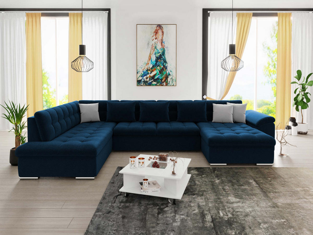 WOHNLANDSCHAFT Niko Bis, Seite: Rechts - Dunkelblau, Holz/Textil (348/76/205cm) - MIRJAN24