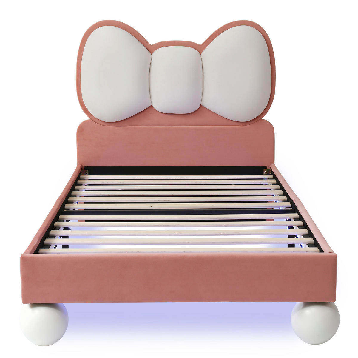 KINDERBETT 90/200 cm mit LED-Lichtleiste, fliegenförmigem Kopfteil und Lattenrost aus Samt, Beige/Rosa - Rosa, Textil (90/200cm) - Redom