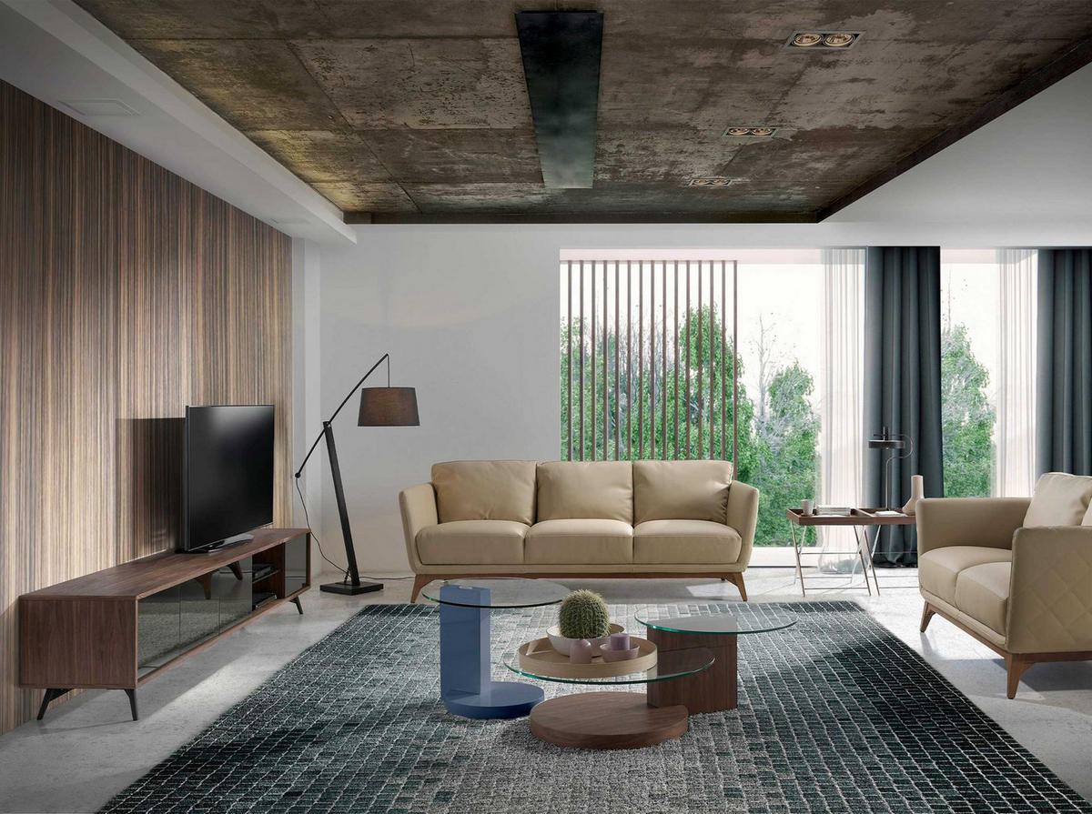 TV-ELEMENT TV-Möbel mit Spiegeleffekt aus schwarzem Glas, Nussbaum und schwarzem Stahl 240/45/50 cm - Walnussfarben/Schwarz, Holz (240/50/45cm) - ANGEL CERDA