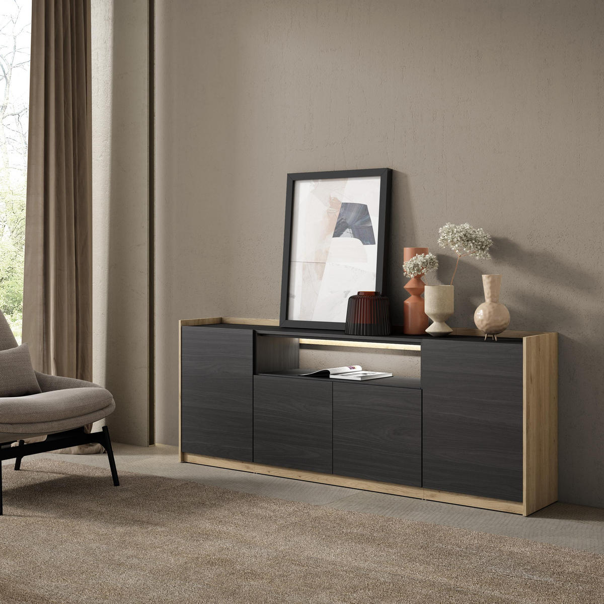 SIDEBOARD, Schwarz und Eiche, 207/37/80cm, mit Led - Schwarz, Holzwerkstoff (207/80/37cm) - Skraut Home