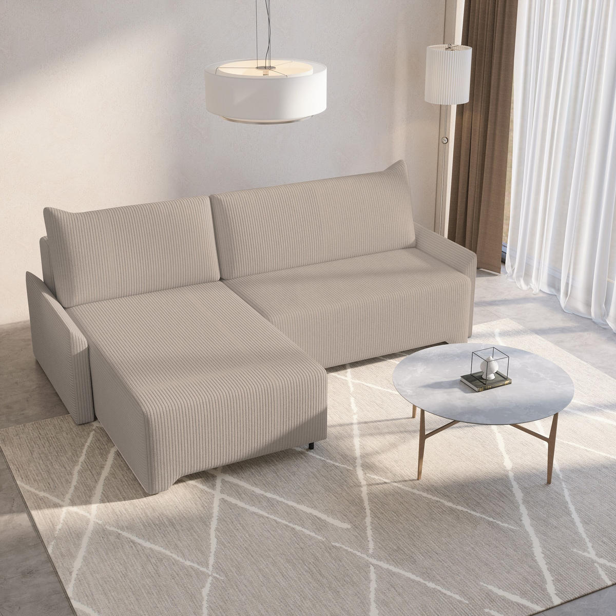 ECKSCHLAFSOFA - Rocky - Links, Beige (Poso 02) - Beige/Schwarz, Holzwerkstoff/Metall (245/174cm) - Möblo