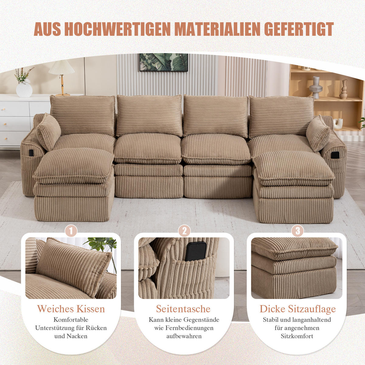 WOHNLANDSCHAFT Cord Khaki mit Kissen, Hocker und Seitentaschen - Hellbraun, Textil (335/85/167cm) - WISHDOR