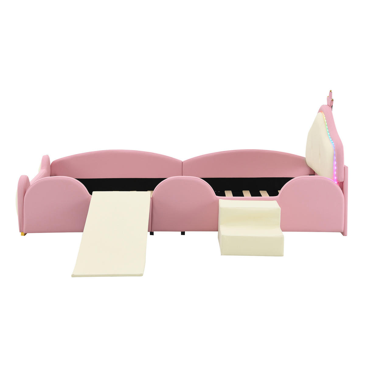KINDERBETT aus PU 90x200 cm Rosa mit Rutsche, Treppe und Multi-Mode-LED-Streifen - Rosa, Kunststoff (90/200cm) - IVMEU