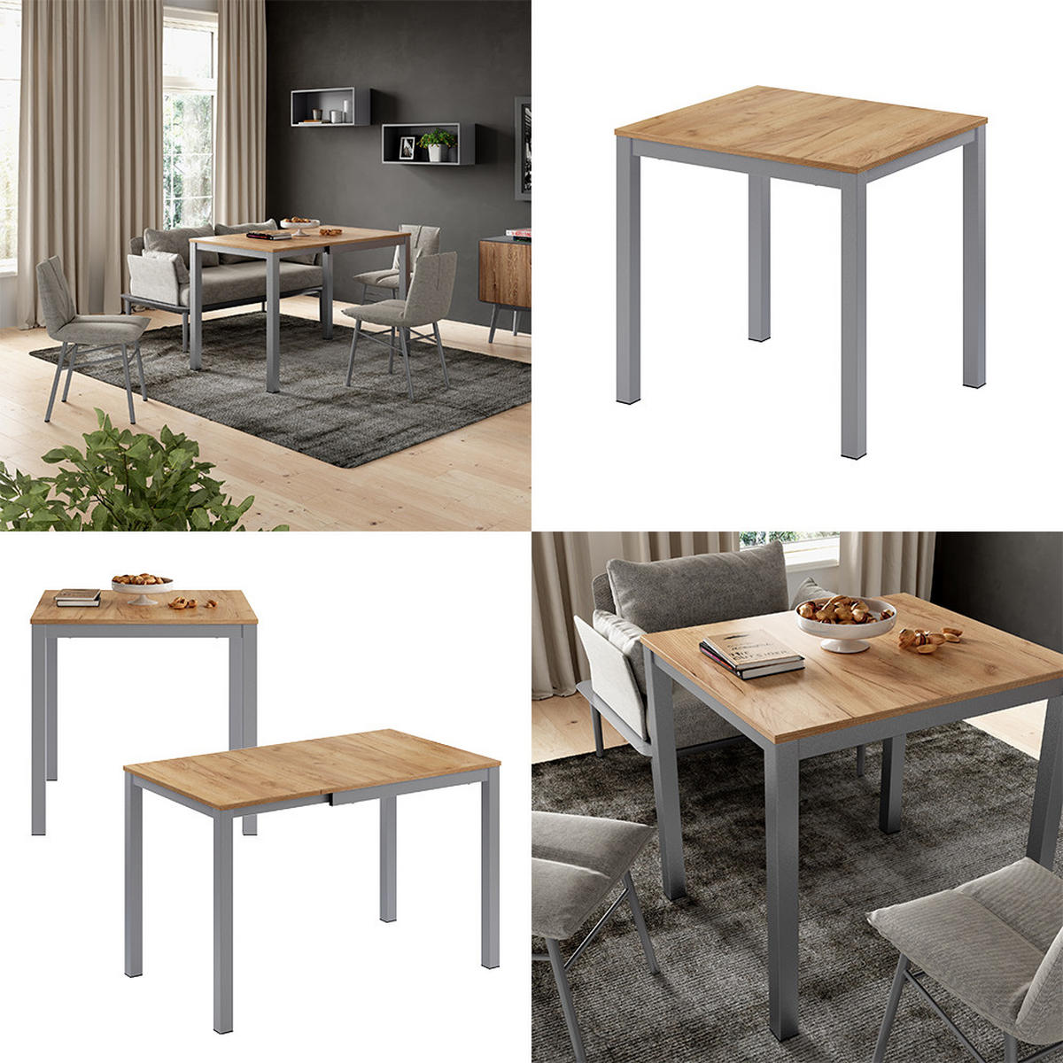 ESSTISCH Granny Eiche/Grau 120 x 70 cm ausziehbar - Graubraun/Grau, Holzwerkstoff (70/120/76cm) - Vicco