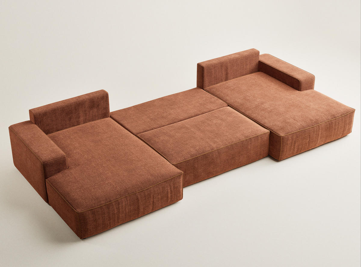 WOHNLANDSCHAFT Deseo Rostfarbe Chenille-Stoff - Rostfarben/Schwarz, Holz/Holzwerkstoff (398/70/148cm) - Maison de Reve