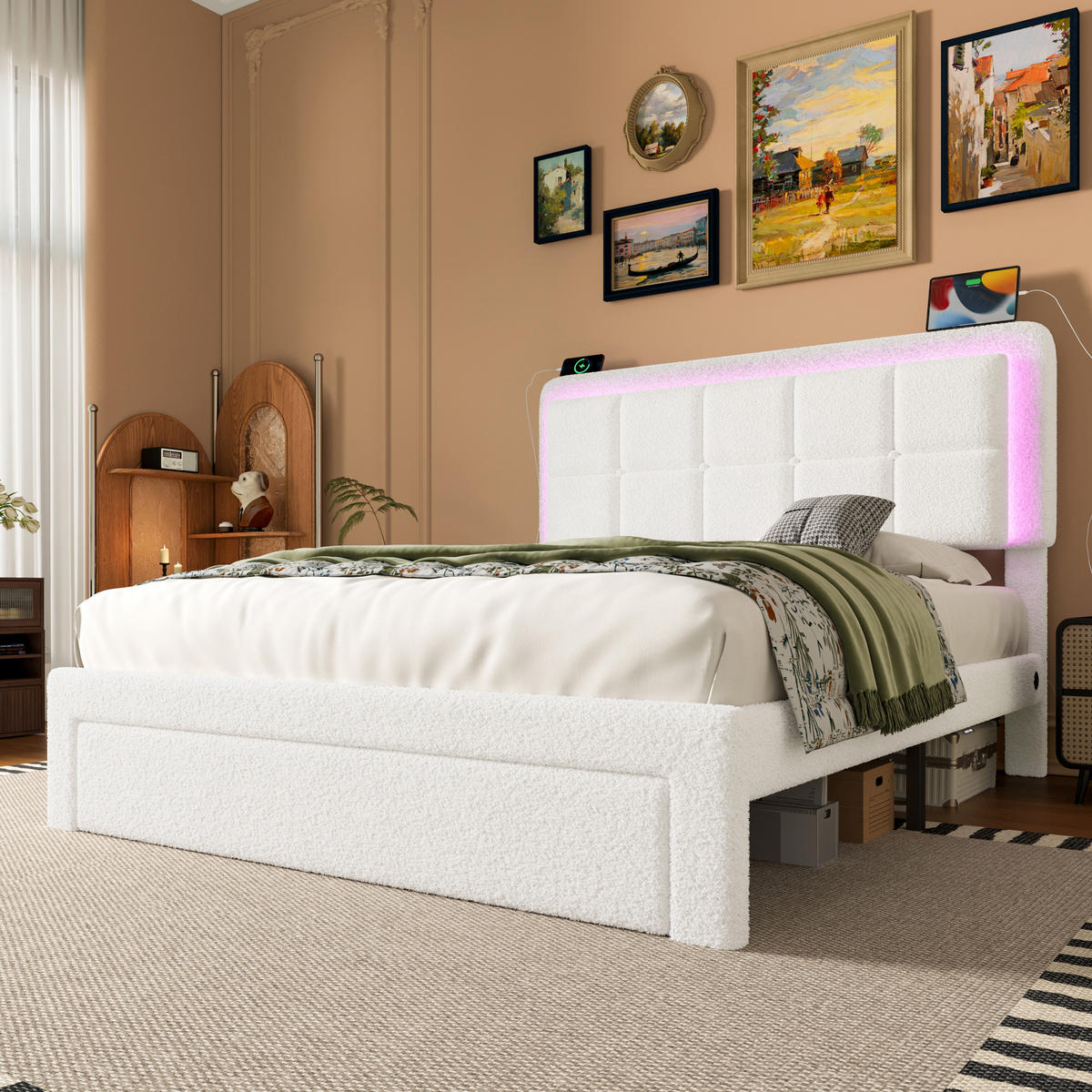 POLSTERBETT 160/200 cm weiß Teddy mit verstellbarem Kopfteil und USB-Anschluss - Weiß, Textil (160/200cm) - OKWISH