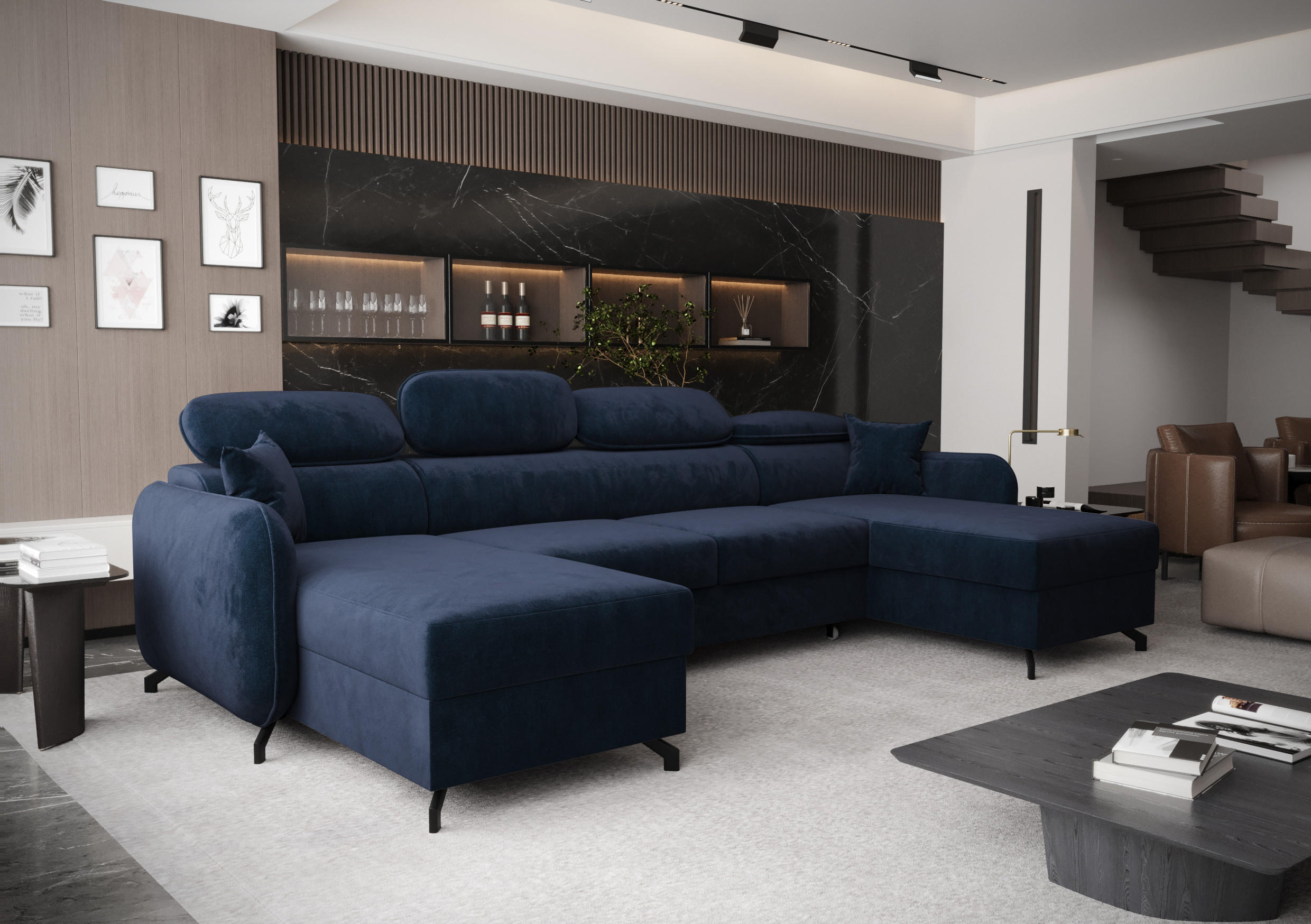 WOHNLANDSCHAFT Ribella 5 Blau 345/180/100 cm mit Schlaffunktion - Schwarz/Dunkelblau, Textil/Metall (345/100/180cm) - AX Living