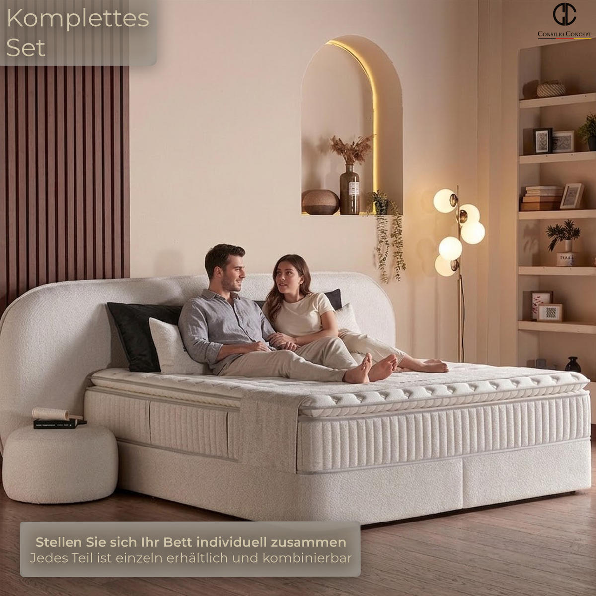 BOXSPRINGBETT MIT BETTKASTEN BALI 160/200 cm, Ivory, Bettkasten, Matratze, Topper integriert, H3 mittel 7-Zonen Matratze - Creme/Schwarz, Holz/Kunststoff (160/200cm) - Consilio Concept